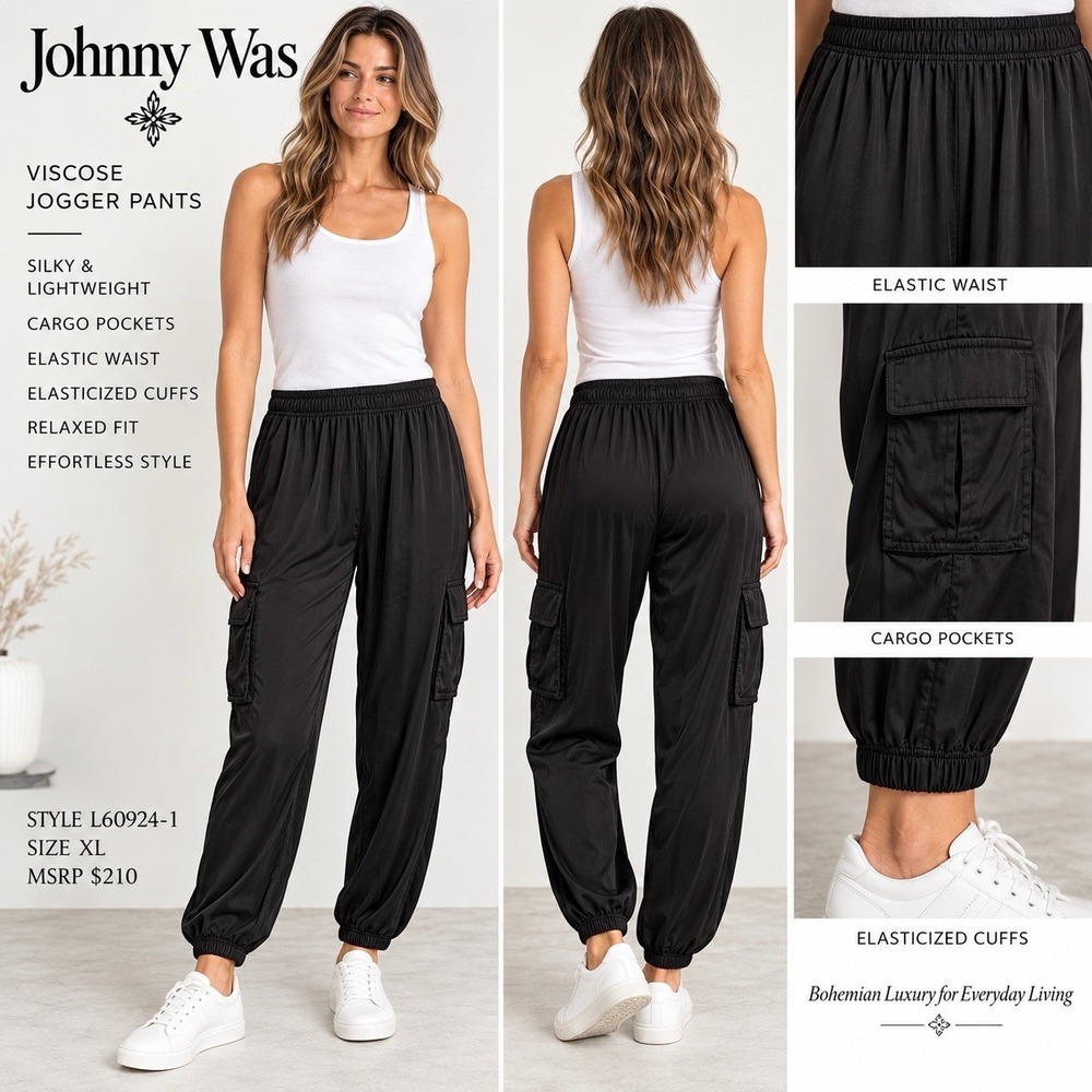 Johnny Was Jade Black Viscose Cargo Jogger Pants Womens XL Silky NWT $210